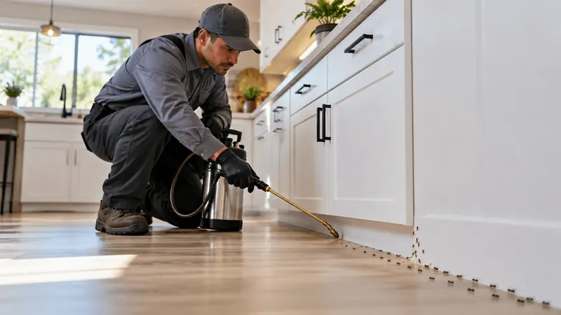 Pest control technician applying treatment along a kitchen baseboard where a trail of ants is coming in