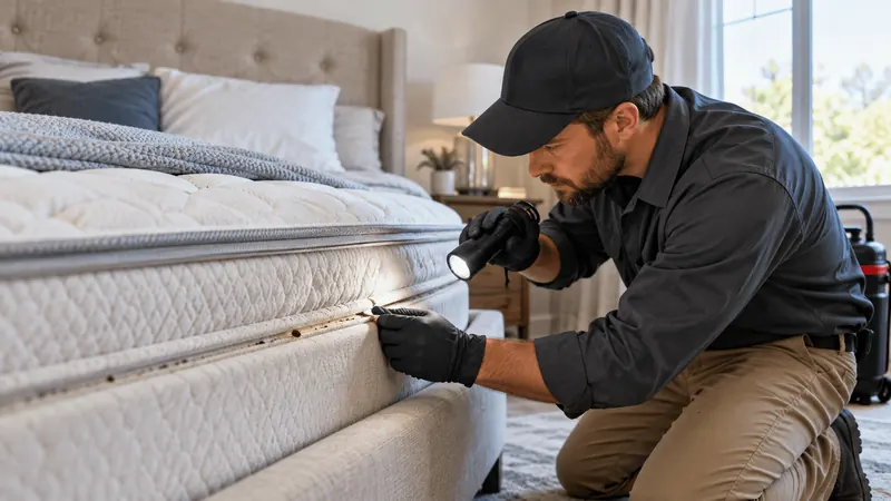 Technician using a flashlight to inspect a mattress seam for bed bugs and dark spotting