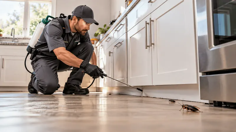 Technician treating the gap under kitchen cabinets where cockroaches are hiding
