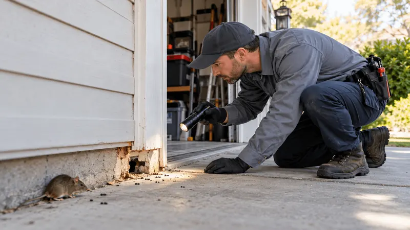 Technician inspecting a chewed gap at the base of a garage wall with rodent droppings and a mouse nearby