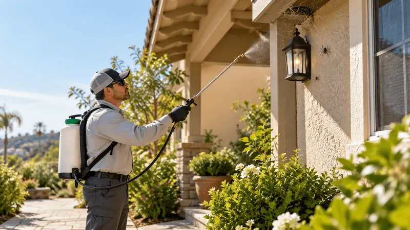 Technician spraying webs and spiders around a porch light under the eaves of a stucco home
