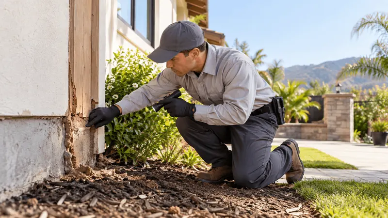 Technician inspecting damaged wood trim and mud tubes at the base of a stucco wall
